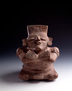 Art précolombien, civilisation maya, période classique : vase anthropomorphe en argile représentant un personnage assis, les jambes et les bras croisés, le visage tourné vers le haut. De La Lagunita, Quiché, Guatemala - Mayan Mayan