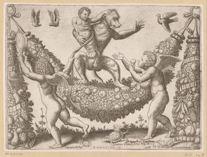 Putti ridiculisant un singe - Meester van de Dobbelsteen