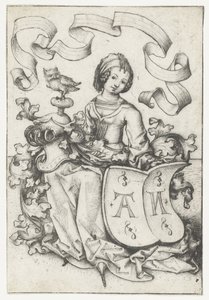 Dame avec hibou et blason avec les lettres AN