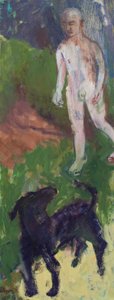 Homme blanc qui promenait un chien noir, 2016 (huile sur toile) - Megan Williamson