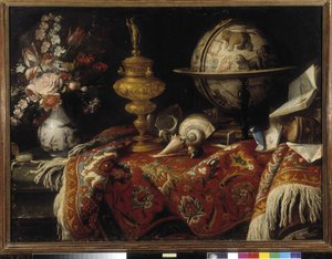 Vase de fleurs, globe astral, livres et orfèvrerie sur un tapis - Meiffren (c.1630 1705) Conte