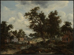 Paysage boisé avec des voyageurs sur un chemin à travers un hameau