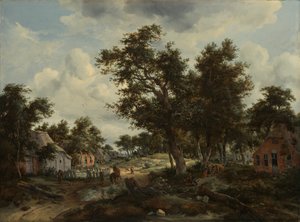 Paysage boisé avec voyageurs sur un chemin à travers un hameau, c.1665