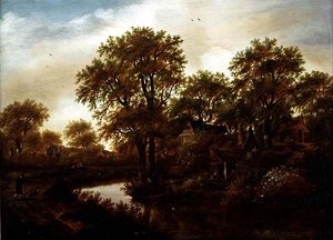 Paysage fluvial avec cottages et paysan