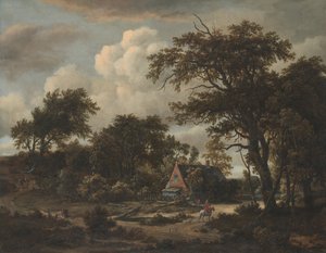 Paysage boisé avec cottage et cavalier