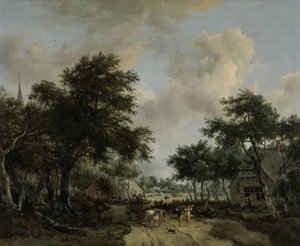 Paysage boisé avec joyeux compagnons dans une charrette - Meindert Hobbema