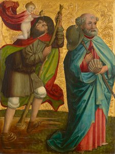 Aile gauche du soi-disant triptyque Pretschlaipfer : Saints Christophe et Jacques le Majeur (intérieur) ; Annonciation à Marie (extérieur)