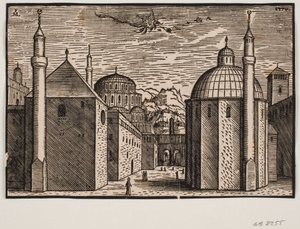 3 mosquées, chacune avec 1 minaret; dans le ciel un dragon volant avec une longue queue