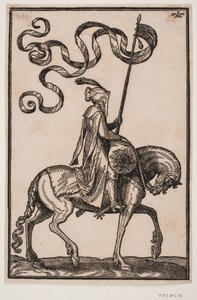 Porte-étendard à cheval, profil vers la droite; l
