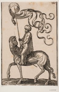 Porteur de standard à cheval, profil vers la gauche; la standard est à trois pointes et une plume est suspendue en dessous; son épée placée entre sa jambe gauche et le flanc du cheval - Melchior Lorck