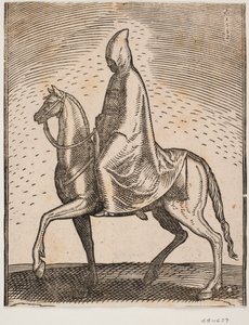 Cavalier portant un manteau et un chapeau, profil vers la gauche; sous son manteau, une épée peut être aperçue - Melchior Lorck
