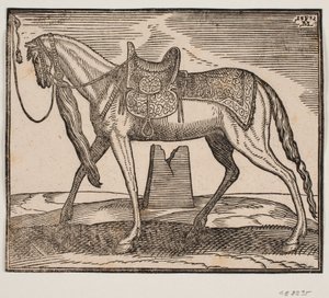 Cheval élégamment sellé, attaché à la ligne de cadre gauche, profil vers la gauche; sous le ventre du cheval, on voit une ruine