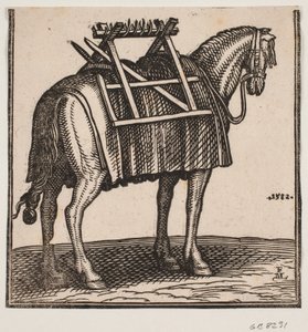 Un cheval de bât encore non chargé avec un cadre de portage sur le dos, vu en diagonale de derrière vers la droite. - Melchior Lorck