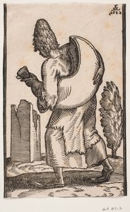 Homme marchant vers la gauche, vu de dos; portant un sac d
