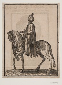 Homme âgé monté, avec une massue à son côté, profil vers la gauche ; sous le cou du cheval, une queue de cheval ou de bœuf pend comme signe de la dignité de l