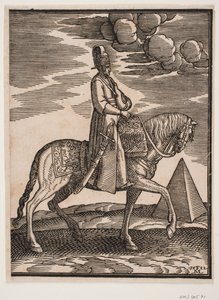 Cavalier avec une flasque autour du cou, profil vers la droite; une épée à son côté droit et des bagages devant lui, drapés sur la selle; à droite, en arrière-plan, une pyramide - Melchior Lorck