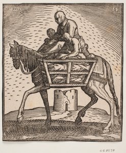 Cavalier avec capuche tirée sur le visage; de chaque côté du cheval une cage à barreaux contenant une personne; profil vers la gauche; sous le cheval, une tour cylindrique en ruine - Melchior Lorck