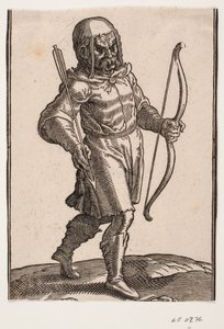 Soldat marchant vers la droite; bottes et tenue courte; tenant un arc dans la main gauche et une flèche dans la main droite - Melchior Lorck
