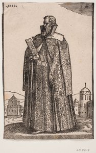 Ambassadeur debout en costume européen (vénitien ?), profil 3/4 vers la gauche ; tenant un étui à lettres dans la main droite