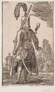 Janissaire debout vu de dos, coiffure à plumes, fusil à l