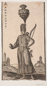 Soldat debout, vu de face, la tête tournée vers la droite; il porte un arc sur son bras gauche, un carquois sur le dos et une épée à son côté gauche; il tend coquettement son bras droit en arrière; en arrière-plan à droite et à gauche, deux bâtiments resse