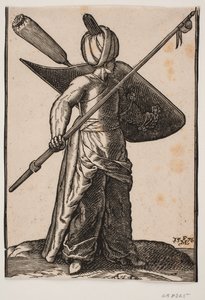Soldat debout, tourné vers la droite; portant un turban, une lance levée avec une bannière sous la pointe dans la main droite; un bouclier avec une plume enroulée de tissu sur le bras gauche - Melchior Lorck