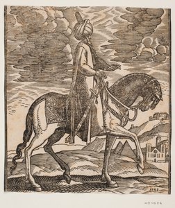 Cavalier en turban, avec une épée à son côté droit, profil vers la droite ; entre les pattes avant du cheval, deux pyramides apparaissent - Melchior Lorck