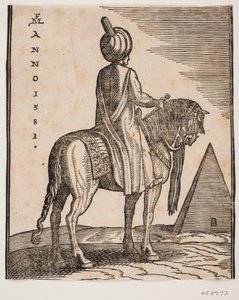 Cavalier portant un turban, non armé, vu de biais par derrière; à droite en arrière-plan une pyramide - Melchior Lorck