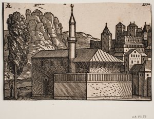 Mosquée non identifiée avec 1 minaret, à gauche un grand arbre