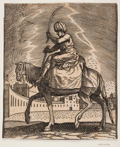 Cavalier désarmé sur un cheval porteur, vu de profil vers la gauche, situé sur une place semi-circulaire ouverte; il est monté sur un sac et tient une badine levée dans sa main - Melchior Lorck