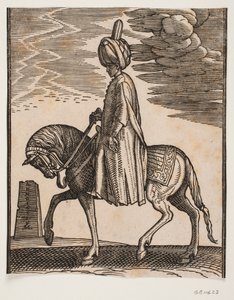 Cavalier sans arme portant un turban, profil vers la gauche; devant le cheval, un obélisque en ruines - Melchior Lorck