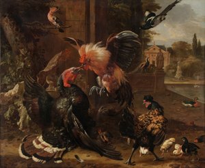 Un coq et une dinde se battant, vers 1680