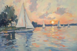 Voiliers au coucher de soleil, dans une ambiance paisible - Melloi Art Prints