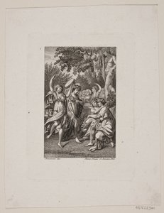 Illustration avec des personnes en tenue antique faisant la fête dans un jardin
