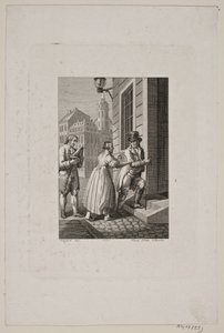 Illustration avec une femme arrêtant un homme à une porte tandis qu