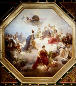 La France, au milieu des rois législateurs et des jurisconsultes français, reçoit la Charte constitutionnelle de Louis XVIII, plafond de la salle Camondo, Louvre, Paris