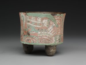 Vase tripode cylindrique avec deux figures à lunettes, vers 400-650 apr. J.-C.