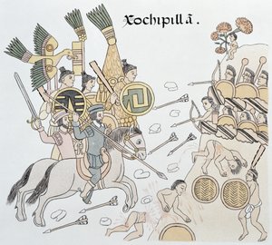 Bataille de Xochipilla entre les Espagnols et les Aztèques, illustration d