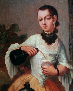 Dame versant du vin dans un verre (détail)