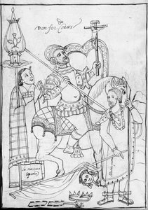MS Hunter 242 f.246v, Cortes à cheval, debout sur le roi aztèque Moctezuma vaincu, illustration de l