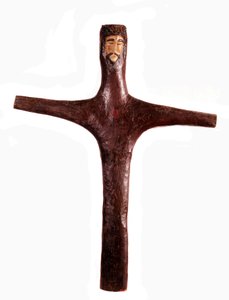 Art mexicain : croix en bois polychrome avec tête du Christ