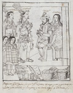 Montezuma rencontre Cortez, de Historia de Tlaxcala par Diego Muñoz Camargo - Mexican School