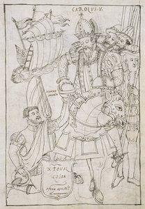Christophe Colomb (1451-1506) offre symboliquement le Nouveau Monde à Charles V (1500-08), de Historia de Tlaxcala par Diego Muñoz Camargo