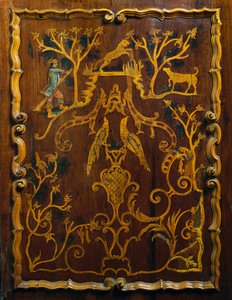 Armoire en bois de style rococo avec incrustations polychromes et base, période coloniale - Mexican School