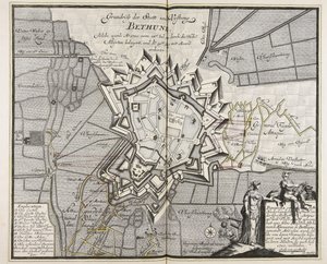 Plan de la ville et forteresse de Béthune, qui a été détruite en 1710, du 14e. Le 30 juillet, elle a été assiégée par les Hauts Alliés. Ingénieur Meyer ad vivum delineavit. - Meyer