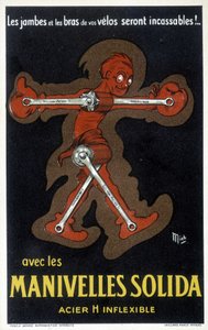 Publicité pour des manivelles de vélo en acier massif. Dessin de Mich (Michel Liebeaux) - Mich