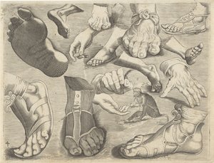 Studieblad met tekenvoorbeelden: handen, voeten en een aapje - Michael Snijders
