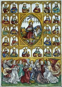 Jésus entouré des symboles des quatre évangélistes et de nombreux rois portant des harpes et des coupes en or - Michael Wolgemut or Wolgemuth