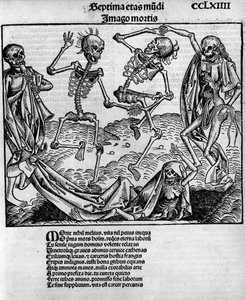 Scène de danse macabre, avec des squelettes, -dans « Chroniques de Nuremberg » par Hartmann Schedel (1440-1514), édité à Nuremberg par Anton Koberger, 12 juillet