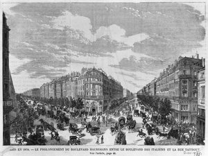 Paris en 1878, Boulevard Haussmann prolongé entre le Boulevard des Italiens et la rue Taitbout, gravé par Louis Dumont (né en 1822) fin 19e siècle